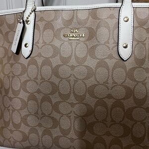 Coach Beige and White Signature Tote